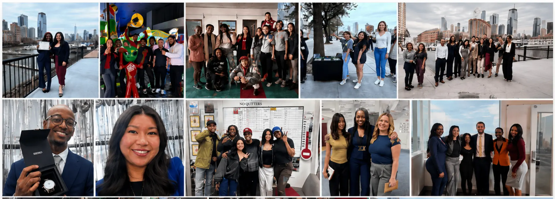 Collage of Double Vision Group team members at recognition events, team outings, and office meetings around New York City