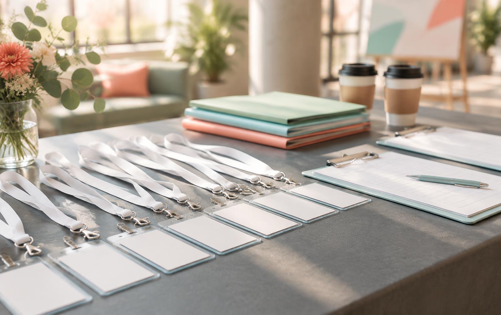 Blank event badges on white lanyards laid out in a row on a table before a campaign launch