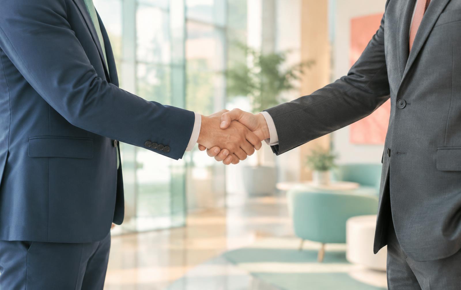 Two colleagues in tailored suits shaking hands in a bright office lobby, framed from the chest down