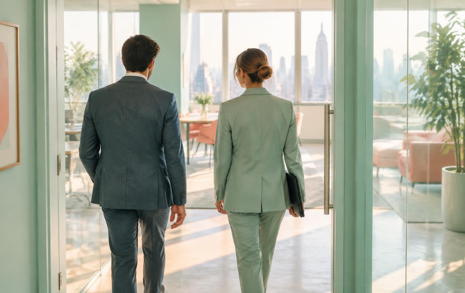 Two team members in suits walking through the doorway into the Double Vision Group office, seen from behind