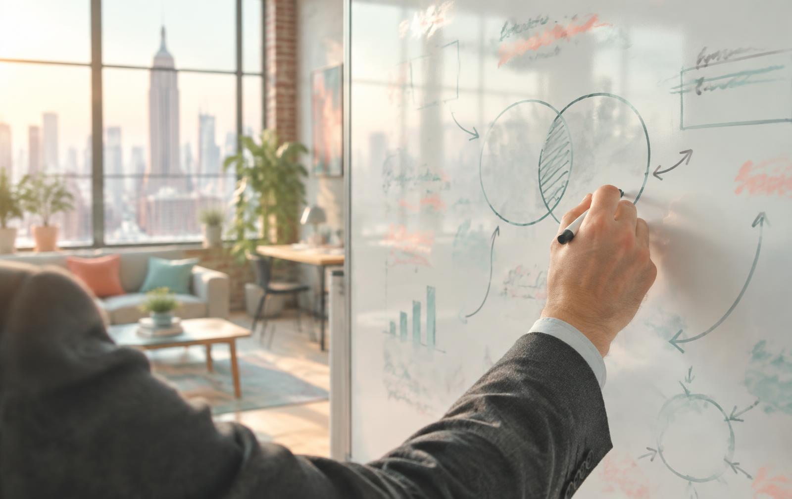 A hand in a suit sleeve sketching two overlapping circles and arrows on a whiteboard in a Manhattan office
