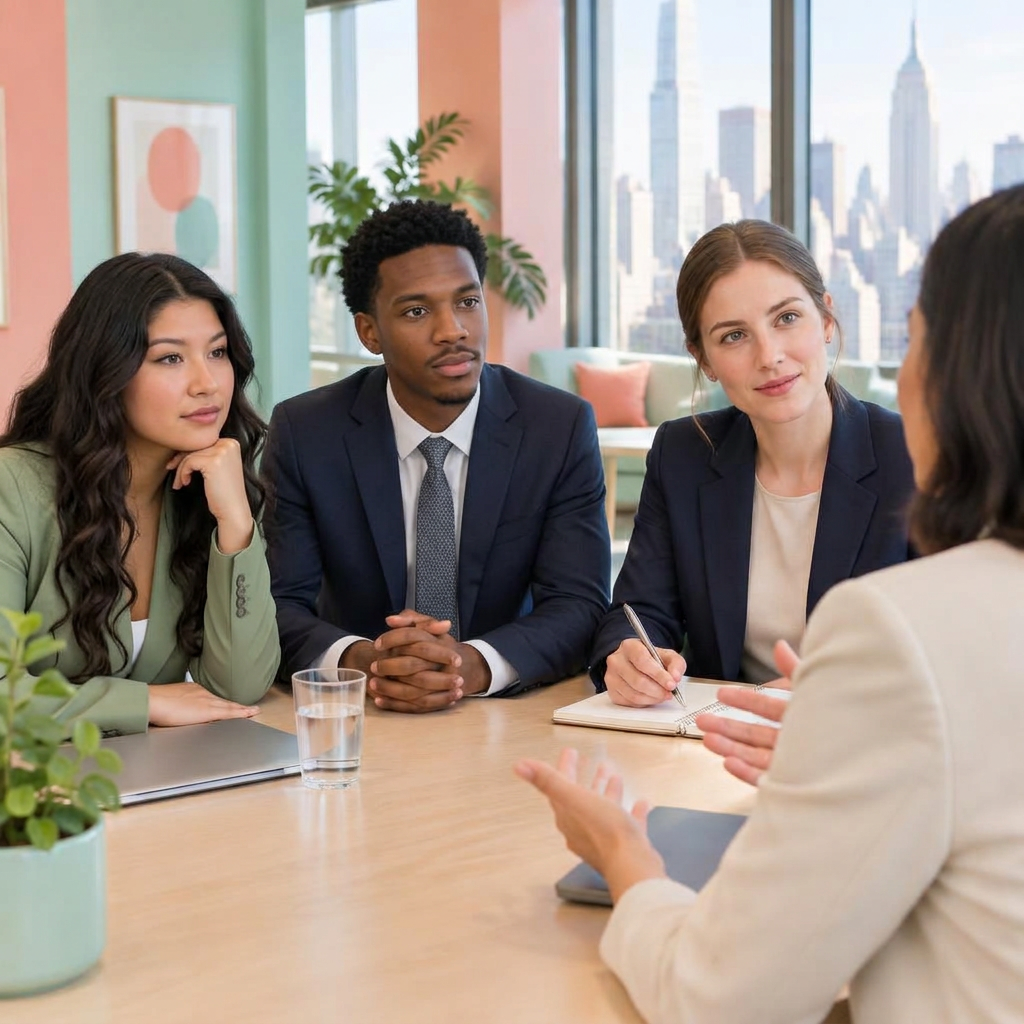 Illustrative pastel office scene of a team listening to a customer and taking notes