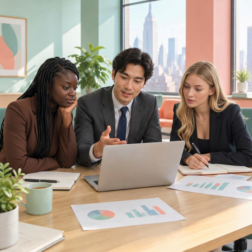 Illustrative pastel office scene of colleagues reviewing campaign charts together