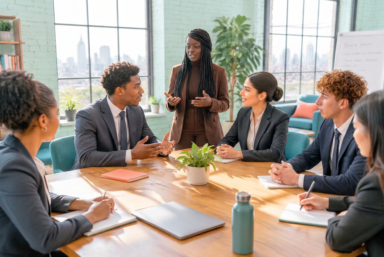 Illustrative office scene of colleagues rehearsing customer conversations with a coach