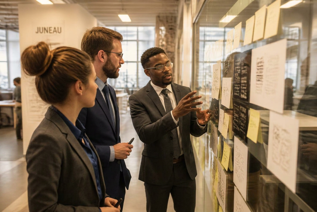 Three Double Vision Group strategists reviewing campaign notes on a glass wall in a New York loft office