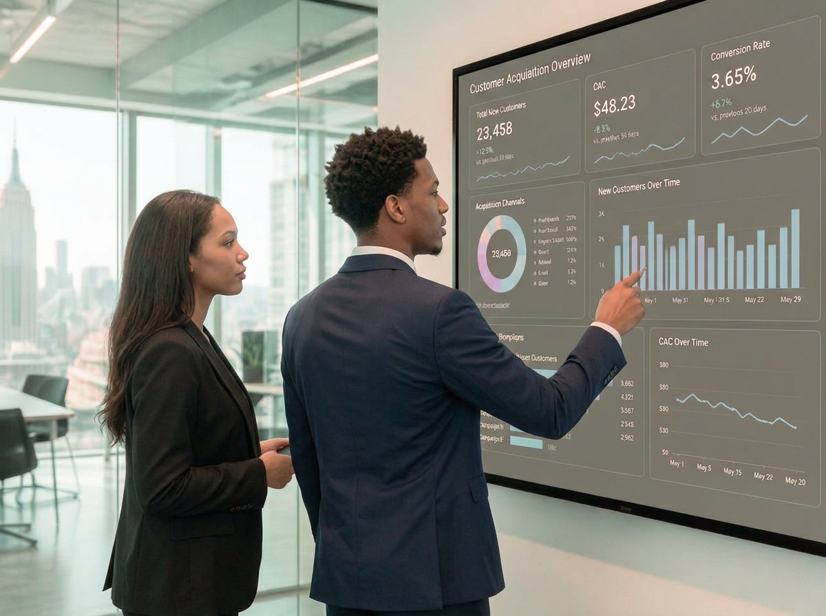 Two team members reviewing customer acquisition performance on a large display in a New York office