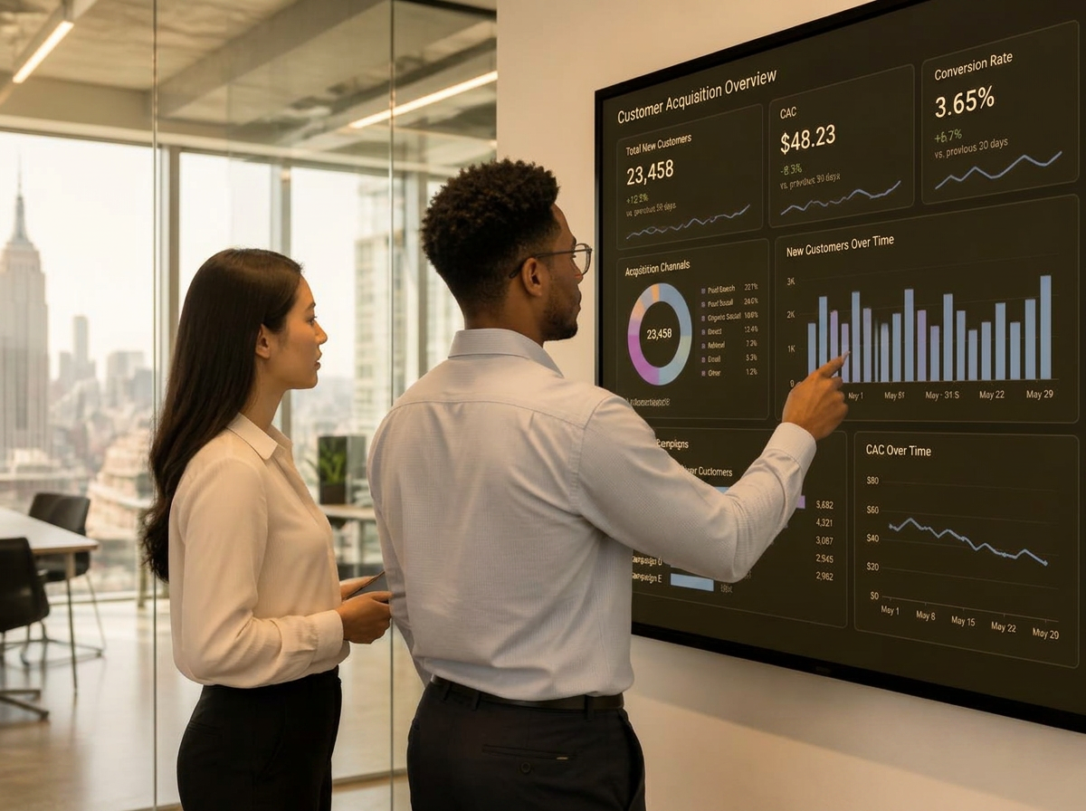 Two team members reviewing customer acquisition performance on a large display in a New York office