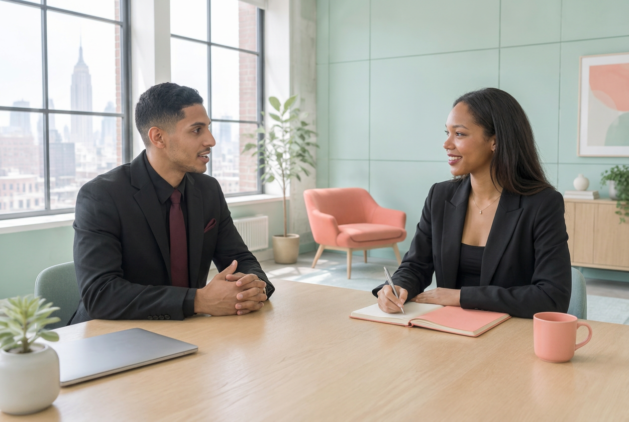 Two Double Vision Group professionals in suits having a consultative conversation at a table in a pastel mint New York office